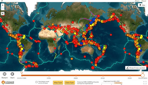 'Seismic Explorer' is an earthquake map that allows you to filter earthquakes that have occurred around the world by magnitude and period and display the epicenter on a 3D map