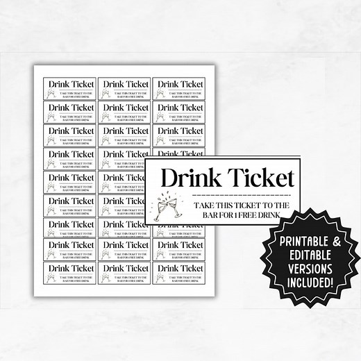 Printable Party Drink Tickets | Editable Drink Voucher Template | Wedding Party Drink Tokens | Office Party Drink Tickets - Etsy