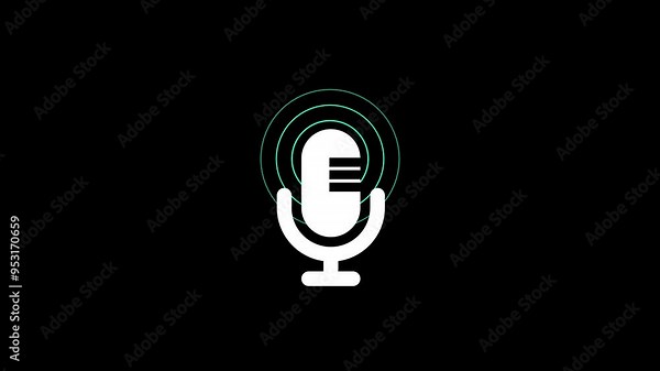 Voice recording podcast mic icon animation. Audio capture, listening, and broadcasting with sound wave and signal symbols. Studio equipment setup.