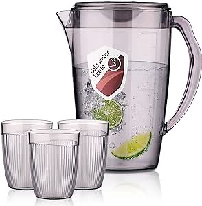 HOMQUEN Plastic Pitcher with 3 Cup, 60 Oz/1.8L Water Pitcher with Lid, Iced Tea Pitcher, Water Carafe, Jar Pitcher, Water Jug with Handle for Tea, Juices, Milk, Cold or Hot Beverages (Gray)