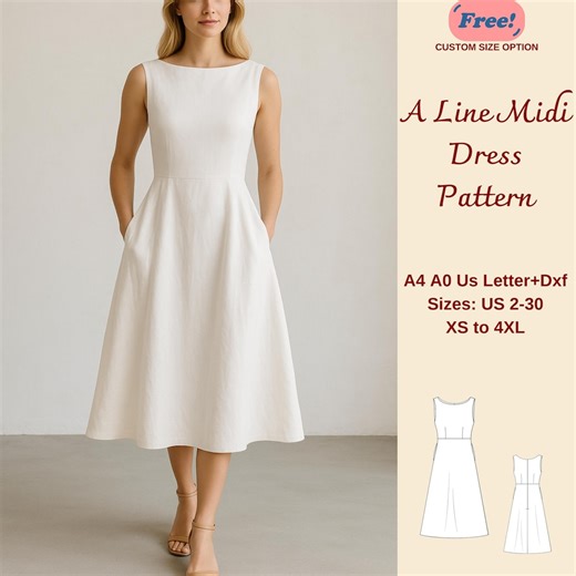 A Line Midi Linen Dress Sewing Pattern, Women Linen Dress Pattern, Boat Neck Dress, Summer Sleeveless Midi Dress, Easy Dress Pattern, XS-4XL - Etsy