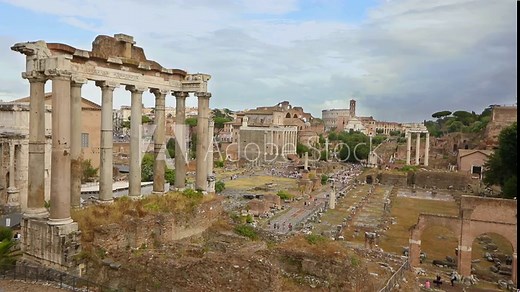 The ruins of the Roman Forum. Temple of Saturn at the Roman Forum in Rome. The ruins of ancient Rome.