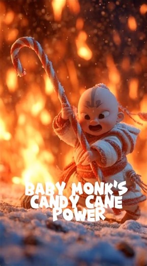 Baby Monk’s Candy Cane Power! 🎄🔥✨ #PixarStyle #ChristmasMagic #CuteWarrior