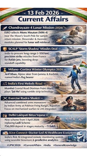 13 February 2026 Current Affairs | Chandrayaan-4 | Storm Shadow | Rudra Shakti | UPSC/UPPCS 2026