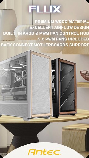 Antec Inc. on Instagram: "Introducing the FLUX PC Case by Antec Elevate your build with a perfect blend of style and performance. 🌟 Sleek Design: Combines metal, mesh, and wood for a premium finish that complements your home decor. ❄️ Superior Cooling: Multi-directional vents and Antec‘s FLUX airflow design ensure your system stays cool under heavy loads. 💨 Fan & Radiator Support: Accommodates up to 9 fans and supports 360mm radiators at the front and top, or 420mm at the front and 280mm at th