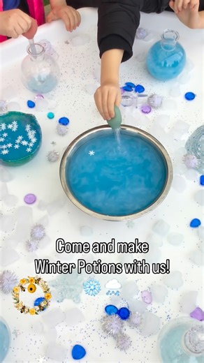Jen 🐝 Early Years, learning through play on Instagram: "❄️🧊 Winter Potions Play! 🧊❄️ ✨Shimmery water is SO easy to make – just add a little pearlescent paint! We used our @ypoinfo blue and pearl white, and the children were mesmerised watching the swirls as they squeezed the pipettes. We added ice 🧊 jewels 💎 and sparkly snowflake sequins for a chilly, magical touch. Fun for: ✨ Fine motor practice ✨ Collaborative play ✨ Make-believe moments ✨ Conversation a