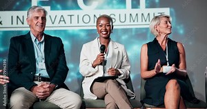 Presentation, conference and business people on a stage talking for discussion, startup and speech. Teamwork, audience and host panel of men and women in technology seminar, tradeshow and convention