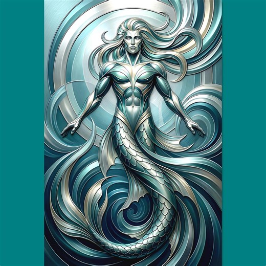 Art Deco Merman Wall Art — Mythic Ocean Guardian of Balance | Nautical Fantasy Metal Print - Etsy