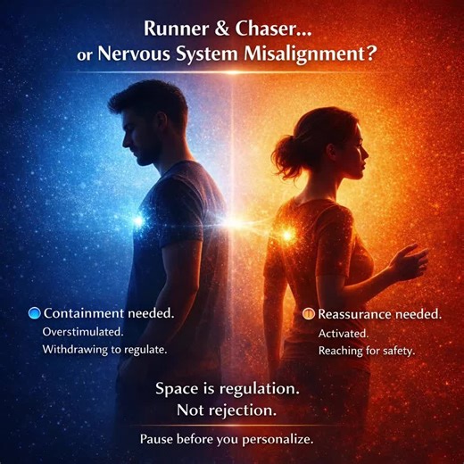 🔵🟠 Runner & Chaser… or Nervous System Misalignment? Let’s slow this down. The twin flame world calls it: Runner energy. Chaser energy. Divine masculine pulling away. Divine feminine reaching forward. And it feels real. One person withdraws. The other feels panic. The dynamic intensifies. But what if this isn’t cosmic polarity… What if it’s overstimulation meeting activation? ⸻ 🔵 What’s Happening in the Nervous System When someone feels overwhelmed, their system moves toward containment. That 