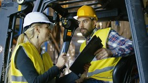 Female Manager Gives Work Assignment to Forklift Driver. They're in a Big Warehouse Full of Pallet Racks. Shot on RED EPIC-W 8K Helium Cinema Camera.