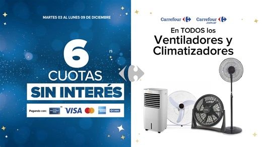 ¡Llegó el ahorro GIGANTE que estabas esperando! 🥳 Hasta el lunes 9 de diciembre, aprovechá: 🔹6 cuotas sin interés pagando con Tarjeta Mi Carrefour Crédito, Visa, Mastercard, American Express y Cabal en todos los ventiladores y climatizadores 🤩 🔹4x3 y 6 cuotas sin interés pagando con Tarjeta Mi Carrefour Crédito, Visa, Mastercard, American Express, Cabal y Argencard en todos los neumáticos 🛞 Encontrá todo en Híper y en carrefour.com.ar 🛒 ¡Conocé más ingresando acá! 👉 https://bit.ly/3Nu4bCi