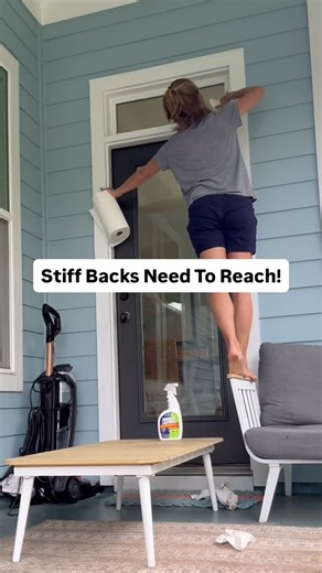 8.4K views · 14 reactions | See how the T-shirt opens up and the wrinkles smooth out? That’s what you’re going for. Use your WHOLE body to reach. Not just your arm. Open up the sides. Open up the back. Get on your toes and open up the front. Your back will feel looser and your shoulder will thank you for the help! Cleaning: optional. (But it’s a good opportunity to play around with reaches for sure!) | Jill Zimmerman - Perfectly Fit Wellness | Facebook