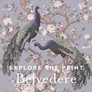 An iconic Laura Ashley print, the classically ornate Belvedere features a striking peacock design amongst timeless florals. Launched in autumn/winter 2018, this traditional meandering design depicts birds and butterflies perched upon weaving branches, with large peacocks being the striking focus of the design. ⁣ | Laura Ashley USA