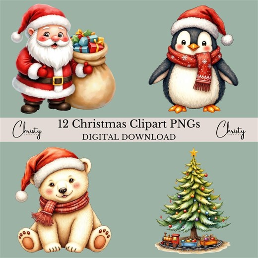 Christmas Clipart PNG Bundle, 12 Holiday Illustrations, Festive Sublimation, Christmas Card Design, Santa Snowman Graphics, Transparent Pngs - Etsy UK