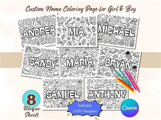 Custom Name Coloring Page Boy Girl, Personalized Coloring Page for Kids Editable Birthday Coloring Pack Activity Printable Custom Name Canva - Etsy