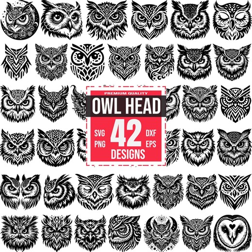 Owl Head SVG Bundle, 42 Ornate Owl Face Designs, Tribal Bird Clipart for Cricut, Geometric Owl Silhouette, Laser Cut Files,spirit Animal PNG - Etsy