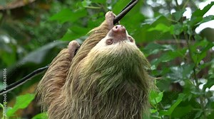 An adorable sloth (a south American mammal), resting on a rope, upside down, while it's raining.