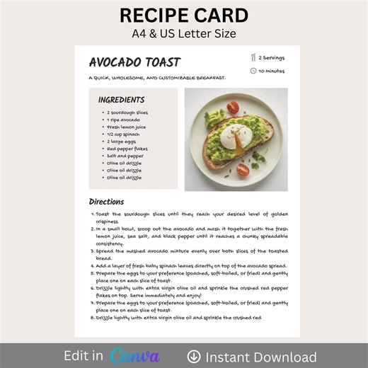 Simple Recipe Card Template Canva | Printable A4 US Letter | Family Cookbook Recipe Organizer | Easy Editable & Instant Download - Etsy