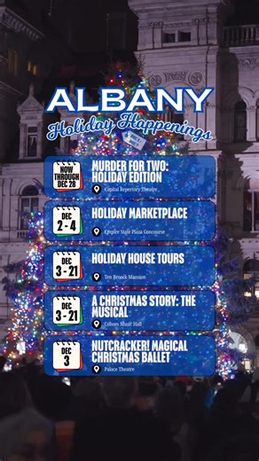 ❄️ Albany Holiday Happenings ☃️ This week: Shop holiday markets, catch shows, skate at the Empire State Plaza, celebrate tree lightings, and more across Albany County! 🎄 | Discover Albany