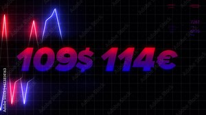 A bright graph . Motion . Bright neon animated graphics on which the falling exchange rate of foreign currencies is shown in numbers.