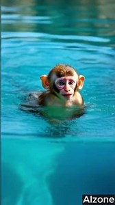 Cute Little Monkey Swimming in Blue Water