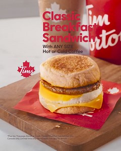 57K views · 1.3K reactions | Wake up to a delicious deal brewing. Grab a $3 Tims Classic Breakfast Sandwich with the purchase of any size coffee. | Tim Hortons | Facebook