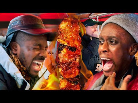 Korean street food tour: Spiciest chicken skewers & hilarious reactions!