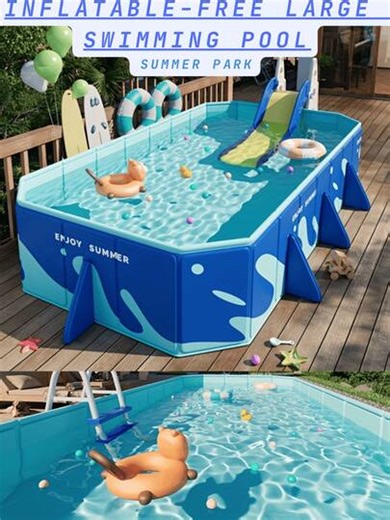 1pc Foldable Rectangular Swimming Pool, Large Non-Inflatable Swimming Pool, Family Portable Water Park, Multiple Sizes Available, Suitable For Whole Family, Summer Yard Water Entertainment, Party Pool, Foldable & Easy Storage, Multi-Component Design, Suitable For Yard & Backyard Year-Round Entertainment | SHEIN