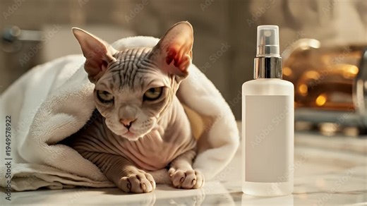 Sphynx Cat Wrapped in Soft White Towel Adjacent to Clear Grooming Spray Bottle on Marble Surface in Warm Ambient Light