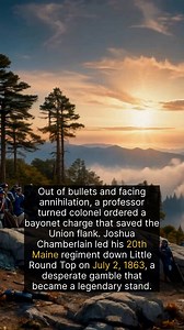 Chamberlain was a rhetoric professor and a devout Christian who had studied theology. His regiment, the 20th Maine, was exhausted and at the end of the Union line, placed there by the mortally wounded Colonel Strong Vincent with the order to 'hold this ground at all costs.' After repelling multiple fierce assaults and nearly running out of ammunition, Chamberlain made the critical decision. He ordered his left wing to fix bayonets and charge downhill in a sweeping right-wheel maneuver, catching 