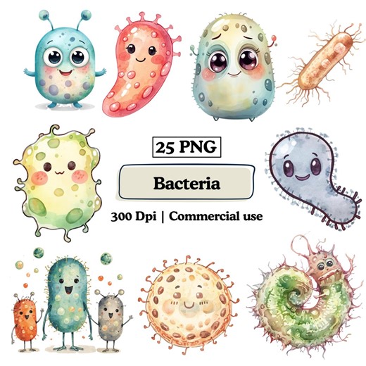 Funny Bacteria Clipart Cartoon Virus PNG Bundle Quirky Science Graphic Boho Germs Design Biology Student Art Kids Illustration Microorganism - Etsy