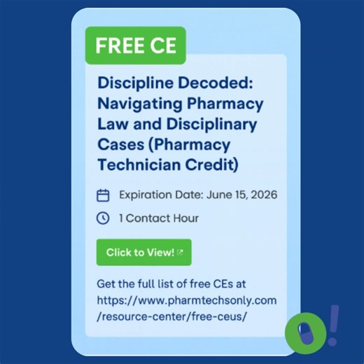 Free Pharmacy Technician CE: Discipline Decoded (Pharmacy Law & Disciplinary Cases) Looking for free pharmacy technician CEUs? This FREE 1-hour credit, Discipline Decoded: Navigating Pharmacy Law and Disciplinary Cases, helps techs better understand legal expectations, disciplinary cases, and how to protect their license. Stay compliant, stay informed, and stay ahead in your career. 💊 You can view this course and the full list of free CEUs for pharmacy technicians here: 👉 https://www.pharmtech