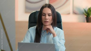 Caucasian businesswoman female lady employer office agent employer professional manager work remote laptop online computer puzzled girl business woman think idea planning think problem solution ponder