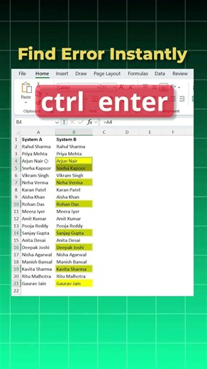 Find Differences Between 2 Columns in Excel in 5 Seconds #excel #shorts