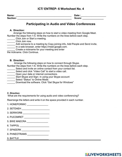 Participating in Audio and Video Conferences interactive worksheet