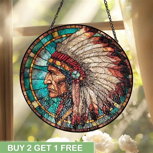 Native American Chief Stained Glass Window Art, Indigenous Warrior Home Decor, Spiritual Heritage Tribal Wall Hanging, Cultural Gift Decor - Etsy