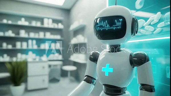 Futuristic Pharmacy with Robot Assistant and Advanced Healthcare Technology Integration