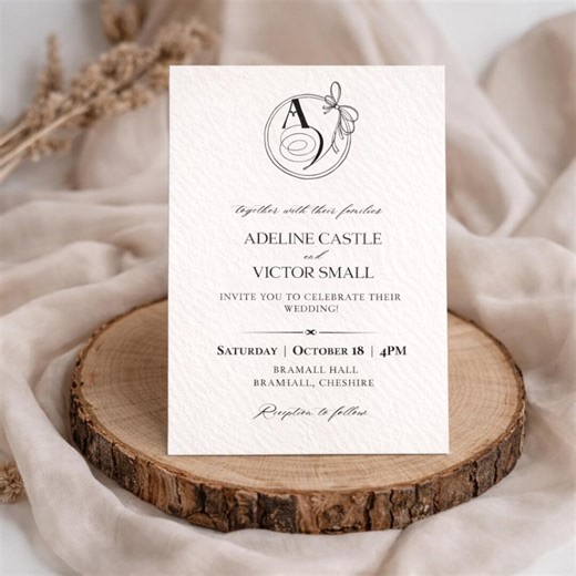 Monogram Wedding Invitation Template, Elegant Bow Crest, Canva Editable (digital Download) - Etsy