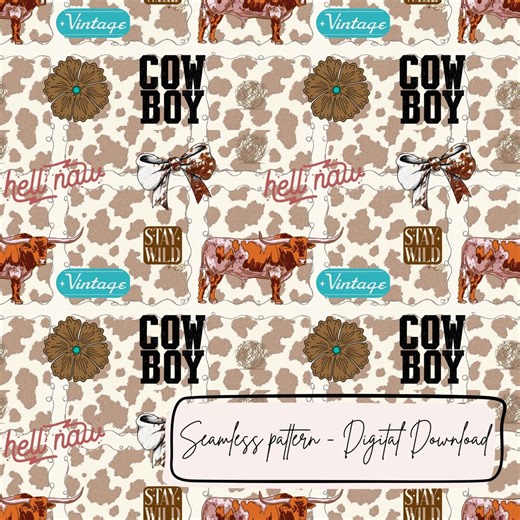 Cowboy Seamless Pattern, Western Cowprint Digital Paper, Stay Wild Vintage Cow Download - Etsy