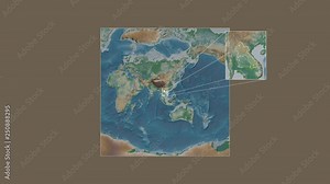 Laos area framed and extracted from the global physical map in the van der Grinten I projection with animated oblique transformation