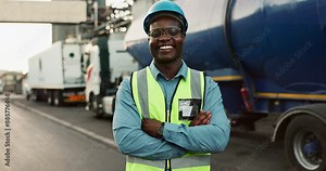 Logistics, crossed arms and face of black man with truck for delivery or ecommerce shipping by factory. Smile, pride and portrait of African driver with freight lorry or supply chain trailer in road