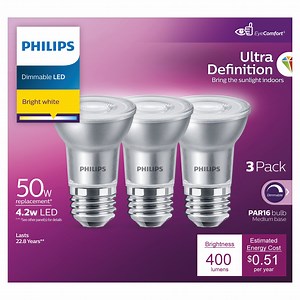 Philips Ultra Definition LED 50-Watt PAR16 Indoor Spotlight Light Bulb, 40-Degree Beam Angle, Dimmable, E26 Medium Base (3-Pack)