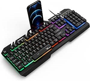 Wired Keyboard, WisFox Computer Keyboard with Rainbow LED Backlit, All-Metal Panel Gaming Keyboard with Phone Holder, Full Size Quiet Warterproof Office USB Keyboard for Desktop, Computer, PC