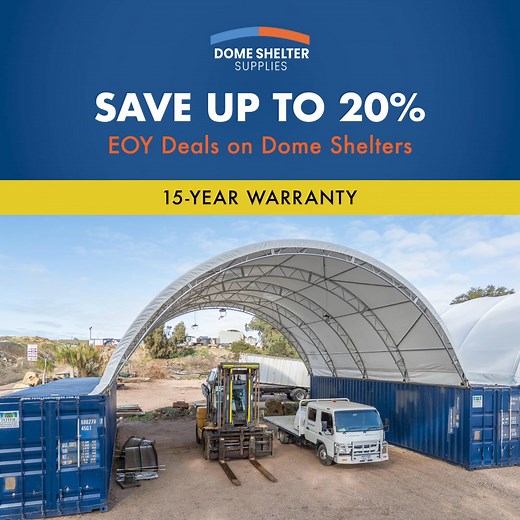 Protect more for less with up to 20% OFF our heavy-duty dome shelters. 🔥 ✅ 15-year warranty 🏗 25% stronger than the rest 🔩 Tear-resistant Ripstop PVC 🚚 Quick install 140 depots across Australia Stock, machinery, gear—keep it all protected | Dome Shelter Supplies
