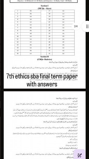 class 7th ethics sba final term paper 2026 pectaa with answers