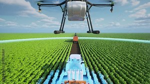 Autonomous agriculture vehicle and drone are working in agricultural plot, Agriculture technology with smart farming concept