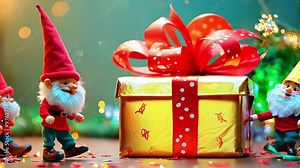 Christmas elves dancing and singing in front of decorated gift box with red ribbon in festive setting