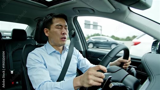 Tired Asian man yawning while driving a car on a highway. Drowsy driver struggling with fatigue and exhaustion behind the wheel. Road safety and driver awareness concept