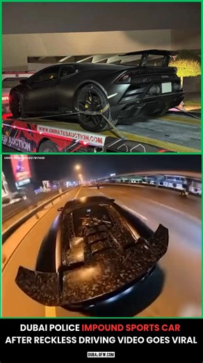 Dubai Police impounded a high-performance car after a viral video showed the driver speeding, performing dangerous stunts, and using illegal modifications that caused loud noise and flames from the exhaust, putting public safety at risk; authorities warned that roads are not for stunts, confirmed the driver faces legal action and a possible fine of up to AED 10,000, and urged motorists to follow traffic laws to keep Dubai’s roads safe. | Dubai OFW