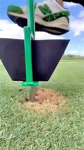 removing a small square piece of grass from a golf course using a specialized metal grass plugger